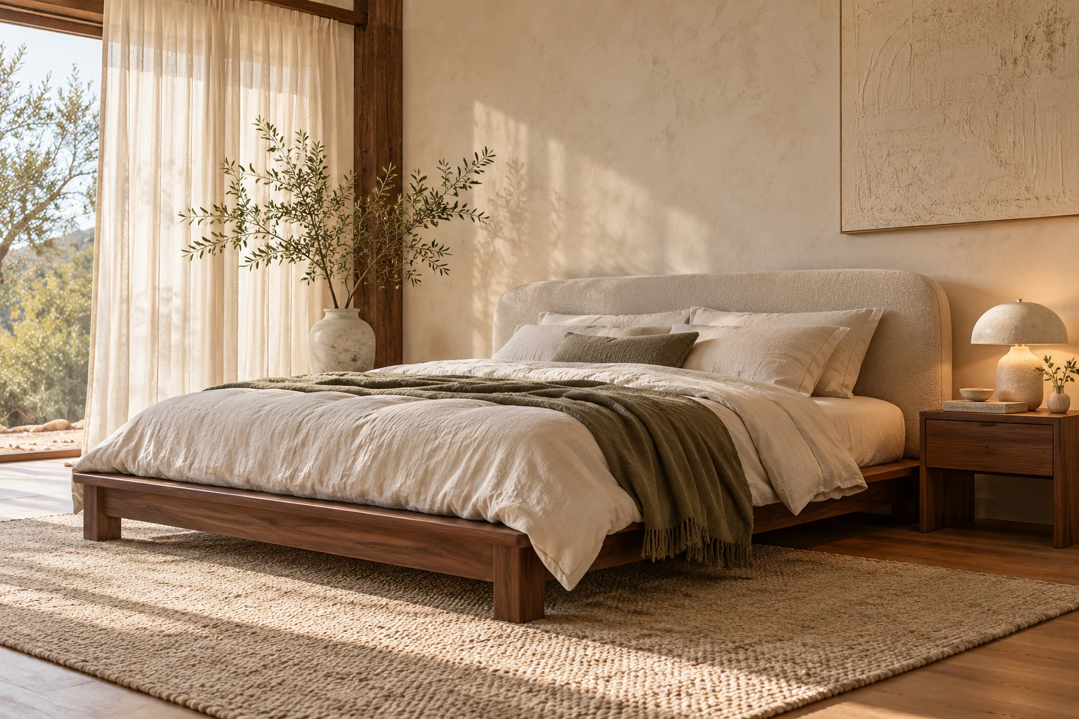 A peaceful bedroom with a walnut platform bed and linen bedding